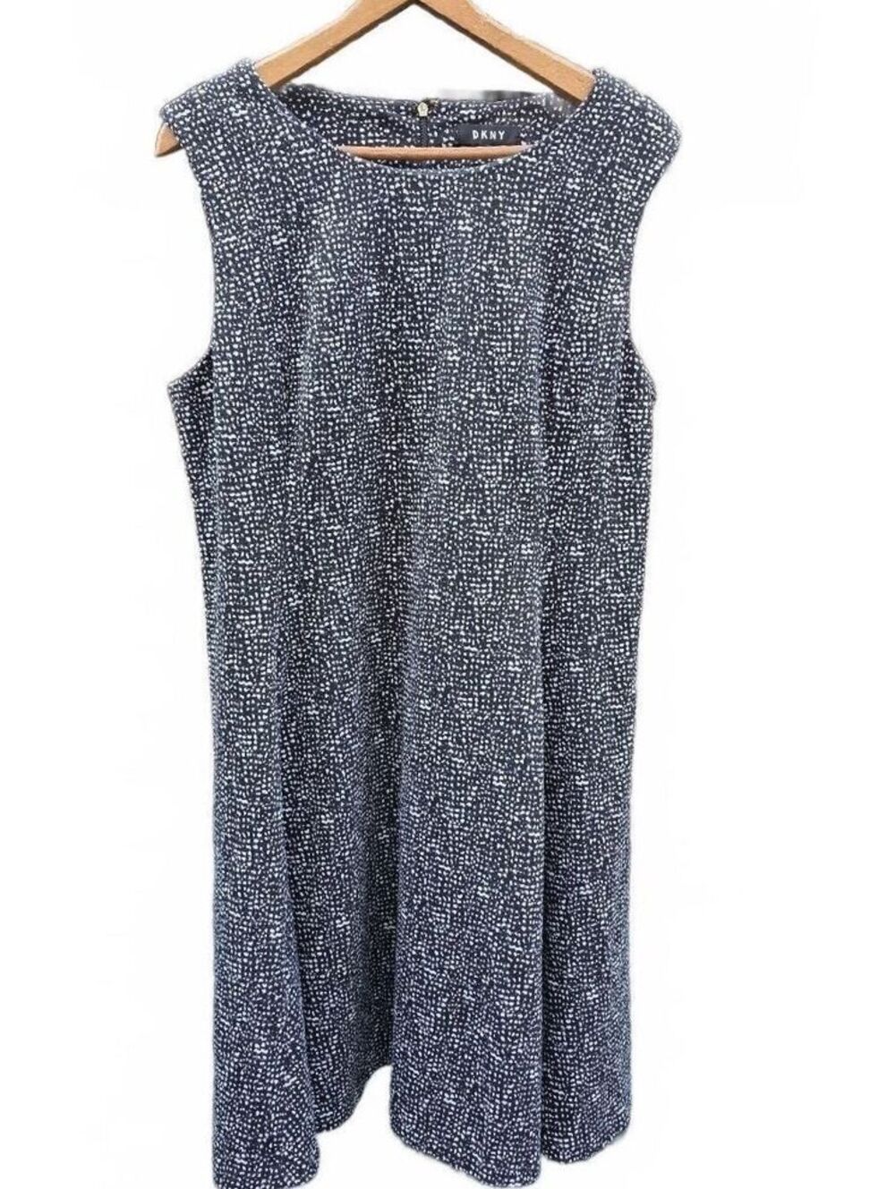DKNY Black White Jacquard Knit Fit Flare A-Line Dress Size 14 Stretch Sleeveless - Picture 8 of 12